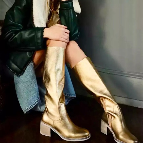 Free People Essential Tall Boot Inside Zipper Gold Metallic Leather - Picture 2 of 11